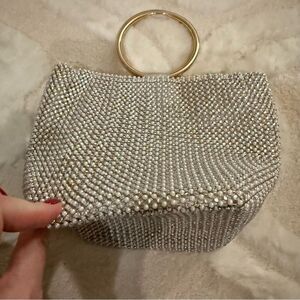 Jessica McClintock Silver Beaded Clutch with Gold Ring Handle
